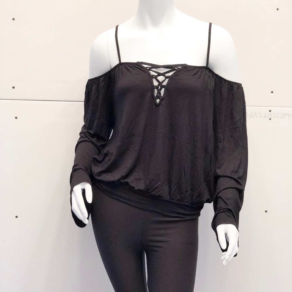 Black spaghetti strap cold shoulder top